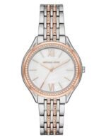 Marque: Michael Kors Modèle:RITZ Mindy Boîtier: Diamètre : 36 mm Epaisseur : 8 mm Acier inoxydable Bronze ARGENTE Cadran: Verre : Minéral Bronze ARGENTE Bracelet: Acier inoxydable Bronze Etanchéité: 50 m (5 ATM) Type de boucle: Boucle déployant