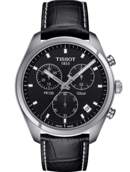 Marque: TISSOT Modèle: PR100 Boîtier: Diamètre : 41 mm Epaisseur : 10.7 mm Acier inoxydable Argent Cadran: Verre : Minéral Noir Bracelet: Largeur : 20 mm Cuir Noir Etanchéité: 100 m (10 ATM) Type de boucle: Boucle simple Détails techniques: Dateur Chronomètre