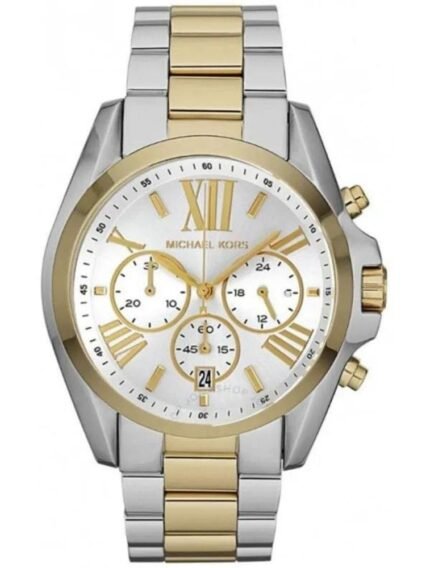 Marque: Michael Kors Modèle: Bradshaw Boîtier: Diamètre : Disponible en 36mm et 43 mm (Veuillez mentionner la taille souhaitée lors de la passation de la commande) Épaisseur : 12 mm Acier inoxydable Argent, doré, jaune Cadran: Verre : Minéral Argent Bracelet: Largeur : 20 mm Acier inoxydable Argent, doré Type de boucle: Boucle déployante Étanchéité: 100 m (10 ATM) Détails techniques: Dateur Chronomètre