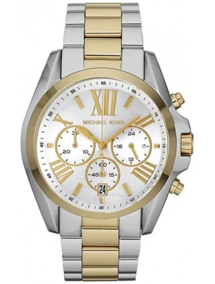 Marque: Michael Kors Modèle: Bradshaw Boîtier: Diamètre : Disponible en 36mm et 43 mm (Veuillez mentionner la taille souhaitée lors de la passation de la commande) Épaisseur : 12 mm Acier inoxydable Argent, doré, jaune Cadran: Verre : Minéral Argent Bracelet: Largeur : 20 mm Acier inoxydable Argent, doré Type de boucle: Boucle déployante Étanchéité: 100 m (10 ATM) Détails techniques: Dateur Chronomètre