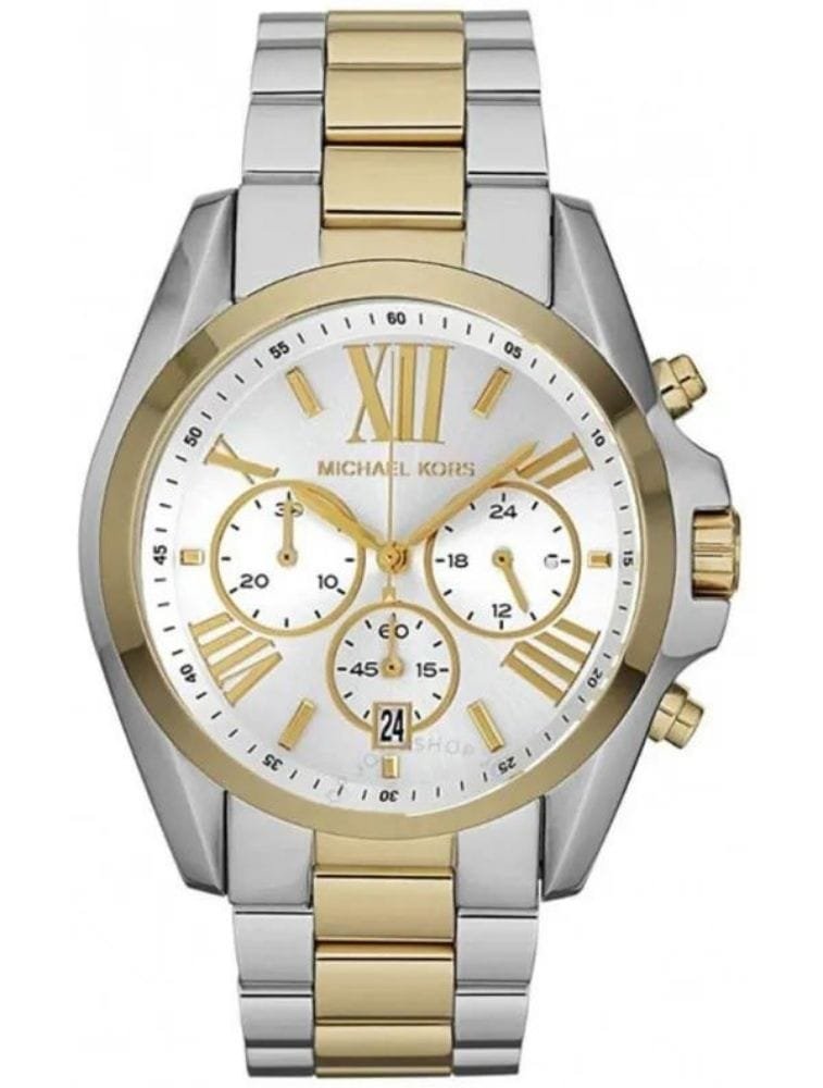 Marque: Michael Kors Modèle: Bradshaw Boîtier: Diamètre : Disponible en 36mm et 43 mm (Veuillez mentionner la taille souhaitée lors de la passation de la commande) Épaisseur : 12 mm Acier inoxydable Argent, doré, jaune Cadran: Verre : Minéral Argent Bracelet: Largeur : 20 mm Acier inoxydable Argent, doré Type de boucle: Boucle déployante Étanchéité: 100 m (10 ATM) Détails techniques: Dateur Chronomètre