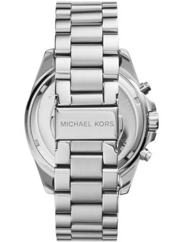 Marque: Michael Kors Modèle: Bradshaw Boîtier: Diamètre : 36 mm Epaisseur : 13 mm Acier inoxydable Argent Cadran: Verre : Minéral Argent Bracelet: Largeur : 22 mm Acier inoxydable Argent Etanchéité: 100 m (10 ATM) Type de boucle: Boucle déployante Détails techniques: Dateur Chronomètre