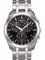 Marque: TISSOT Modèle: Couturier Boîtier: Diamètre : 41 mm Epaisseur : 11 mm Acier inoxydable Argent Cadran: Verre : Minéral Noir Bracelet: Largeur : 23 mm Acier inoxydable Argent Etanchéité: 100 m (10 ATM) Type de boucle: Boucle déployante Détails techniques: Dateur Chronomètre