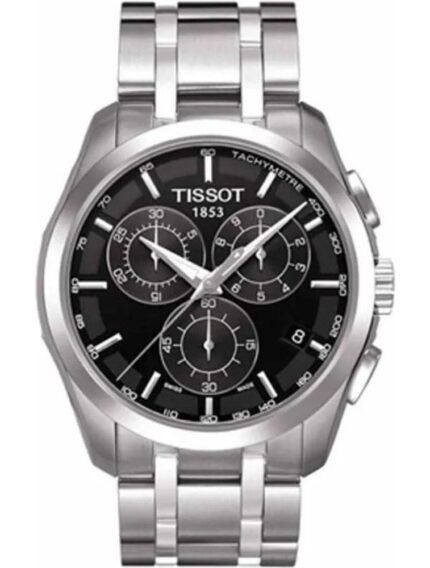 Marque: TISSOT Modèle: Couturier Boîtier: Diamètre : 41 mm Epaisseur : 11 mm Acier inoxydable Argent Cadran: Verre : Minéral Noir Bracelet: Largeur : 23 mm Acier inoxydable Argent Etanchéité: 100 m (10 ATM) Type de boucle: Boucle déployante Détails techniques: Dateur Chronomètre