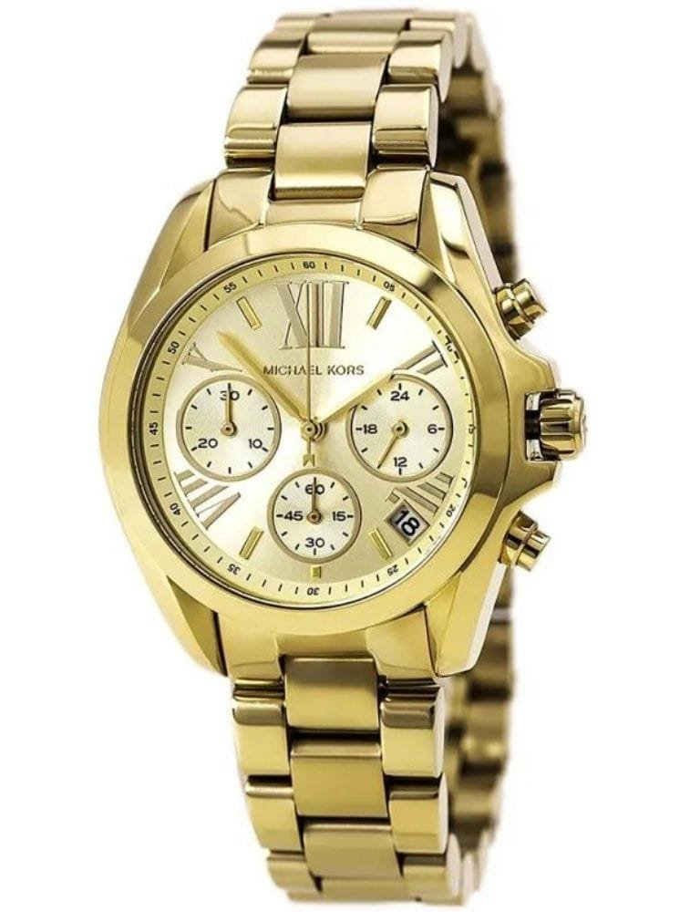 Marque: Michael Kors Modèle: Bradshaw Boîtier: Diamètre : 36 mm Epaisseur : 11 mm Acier inoxydable Cadran: Verre : Minéral Bracelet: Largeur : 20 mm Acier inoxydable Etanchéité: 100 m (10 ATM) Type de boucle: Boucle déployante Détails techniques: Dateur Chronomètre
