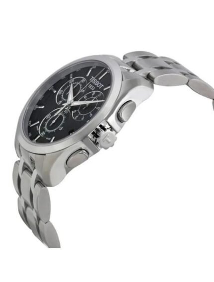 Marque: TISSOT Modèle: Couturier Boîtier: Diamètre : 41 mm Epaisseur : 11 mm Acier inoxydable Argent Cadran: Verre : Minéral Noir Bracelet: Largeur : 23 mm Acier inoxydable Argent Etanchéité: 100 m (10 ATM) Type de boucle: Boucle déployante Détails techniques: Dateur Chronomètre