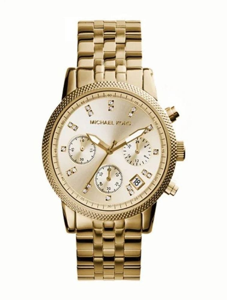 Marque: Michael Kors Modèle: RITZ Boîtier: Diamètre : 36 mm Epaisseur : 13 mm Acier inoxydable Argent Cadran: Verre : Minéral Argent Bracelet: Largeur : 22 mm Acier inoxydable Argent Etanchéité: 100 m (10 ATM) Type de boucle: Boucle déployante Détails techniques: Dateur Chronomètre