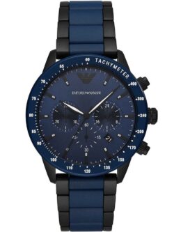 Montre homme Emporio Armani AR70001 chronographe avec bracelet bicolore bleu et noir portée au poignet.