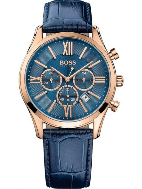 Montre Hugo Boss 1513320 pour homme avec boîtier or rose, cadran bleu et bracelet en cuir bleu embossé.