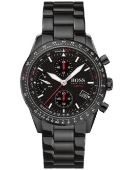 Montre chronographe pour homme Hugo Boss 1513771 entièrement noire avec des accents rouges.
