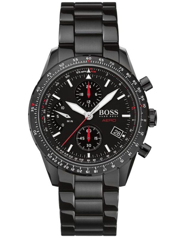 Montre chronographe pour homme Hugo Boss 1513771 entièrement noire avec des accents rouges.