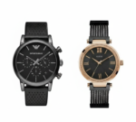 Idée cadeau couple tendance noir : Duo de montres Emporio Armani Full Black et Guess Soho noir et or rose. Titre : Coffret Couple Tendance Noir et Or Rose