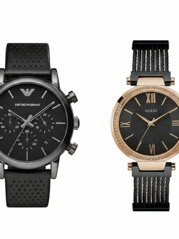 Idée cadeau couple tendance noir : Duo de montres Emporio Armani Full Black et Guess Soho noir et or rose. Titre : Coffret Couple Tendance Noir et Or Rose
