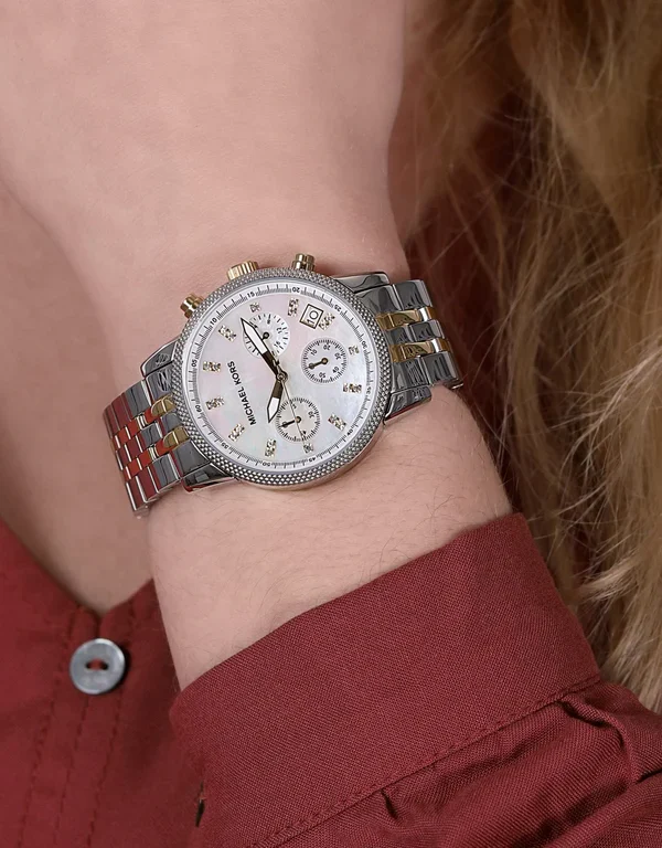Montre Michael Kors MK5057 Ritz pour femme – Chronographe doré et argenté avec cadran nacré et strass.