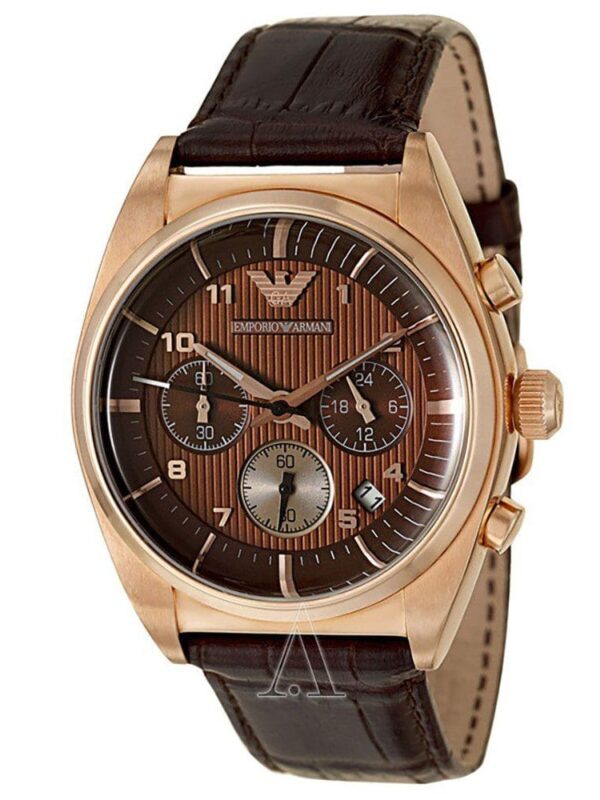 Montre Emporio Armani AR0371 Luigi en or rose avec cadran et bracelet en cuir marron pour homme au Maroc.