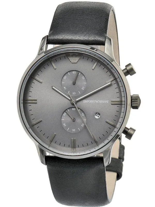 Montre Emporio Armani AR0388 New Retro grise avec bracelet en cuir noir pour homme au Maroc.