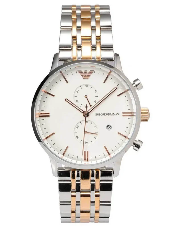 Montre Emporio Armani AR0399 New Retro bicolore en acier et or rose pour homme au Maroc.