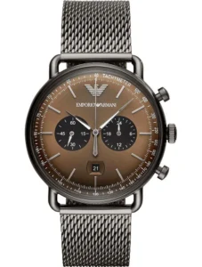 Montre Emporio Armani Homme au Maroc : Prix, Collections et Guide 2026 Montre Emporio Armani AR11141 Aviator avec cadran marron et bracelet maille milanaise gris anthracite pour homme au Maroc.