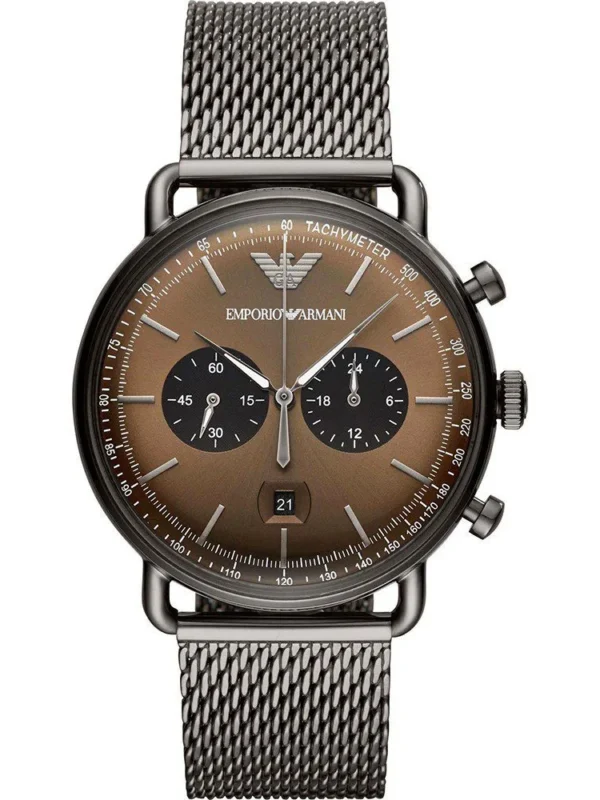 Montre Emporio Armani AR11141 Aviator avec cadran marron et bracelet maille milanaise gris anthracite pour homme au Maroc.