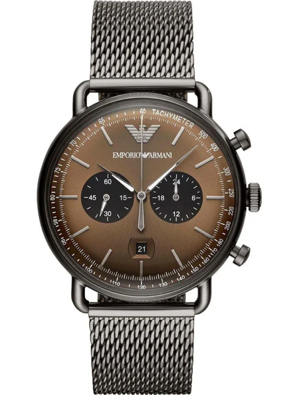 Montre Emporio Armani AR11141 Aviator avec cadran marron et bracelet maille milanaise gris anthracite pour homme au Maroc.