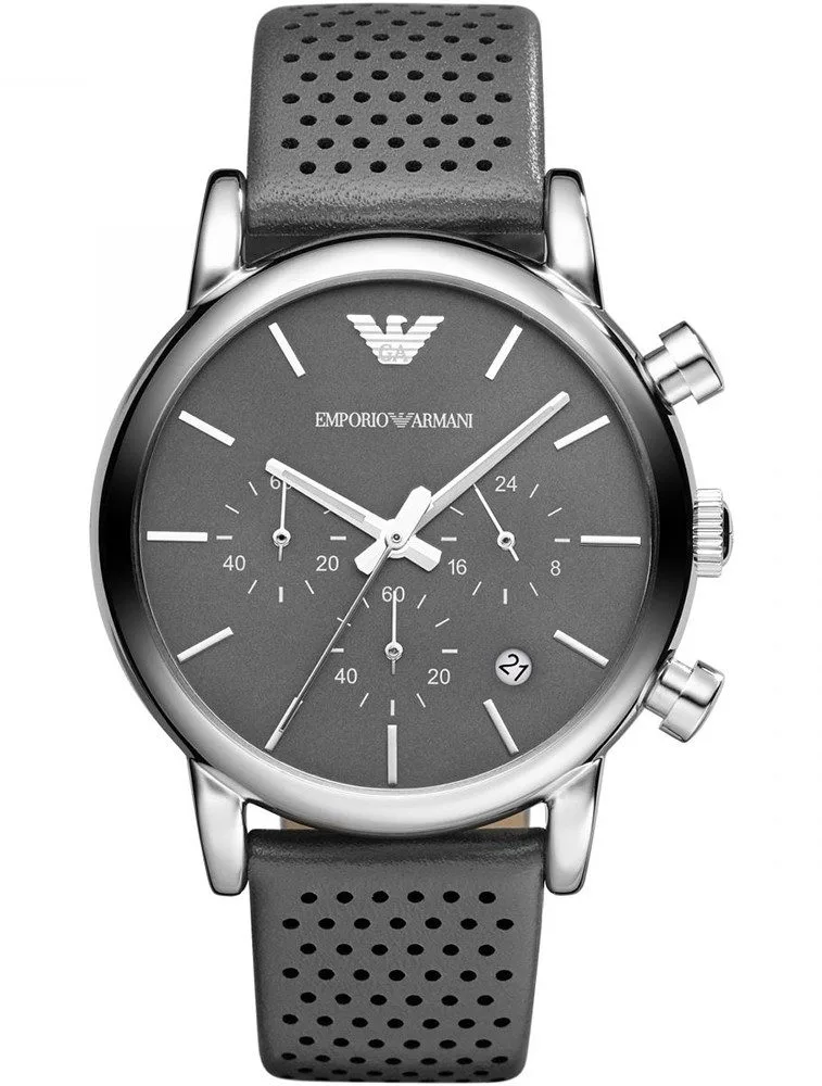 Montre Homme Emporio Armani Luigi AR1735 Cuir Gris Montre Emporio Armani AR1735 Luigi grise avec bracelet en cuir perforé pour homme au Maroc.