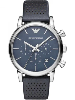 Montre Emporio Armani AR1736 Luigi bleue avec bracelet en cuir perforé pour homme au Maroc.