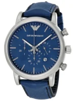 Montre Emporio Armani AR1969 Luigi avec boîtier argenté mat et bracelet en cuir bleu pour homme au Maroc.