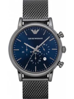 Montre Emporio Armani AR1979 Luigi grise avec bracelet en maille milanaise et cadran bleu pour homme au Maroc.