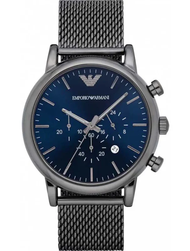 Montre Emporio Armani AR1979 Luigi grise avec bracelet en maille milanaise et cadran bleu pour homme au Maroc.