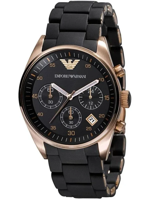 Montre Emporio Armani AR5905 Sportivo en or rose avec bracelet en silicone noir pour homme au Maroc.