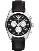 Montre Emporio Armani AR6009 Tazio argentée avec cadran "panda" et bracelet en cuir noir pour homme au Maroc.