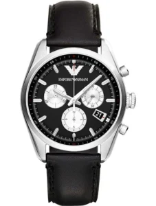 Montre Emporio Armani Homme au Maroc : Prix, Collections et Guide 2026 Montre Emporio Armani AR6009 Tazio argentée avec cadran "panda" et bracelet en cuir noir pour homme au Maroc.