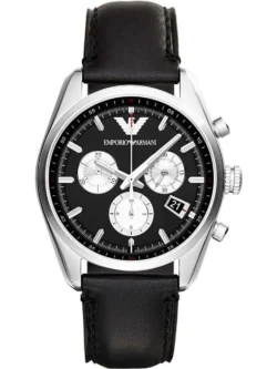 Montre Emporio Armani AR6009 Tazio argentée avec cadran "panda" et bracelet en cuir noir pour homme au Maroc.