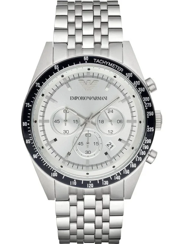 Montre Emporio Armani AR6073 Sportivo argentée avec cadran argenté et lunette noire pour homme au Maroc.