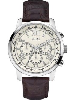 Montre Guess W0380G2 pour homme avec bracelet cuir brun et cadran argenté
