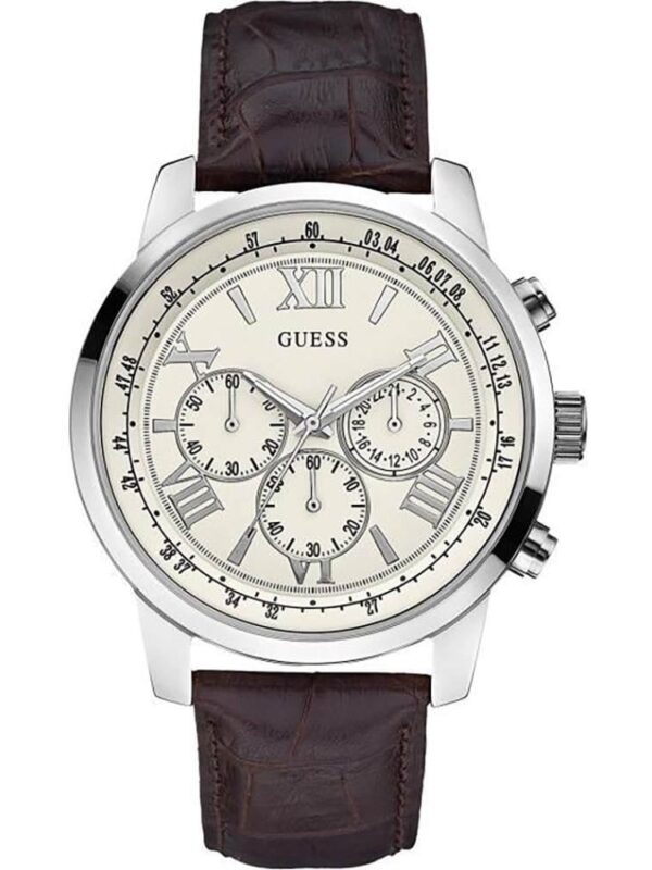 Montre Guess W0380G2 pour homme avec bracelet cuir brun et cadran argenté