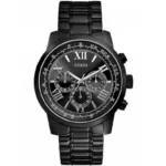 Montre homme Guess W0379G2 vue de face avec cadran noir, chiffres romains argentés et compteurs chronographe