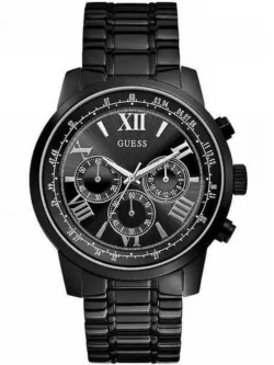 Montre homme Guess W0379G2 vue de face avec cadran noir, chiffres romains argentés et compteurs chronographe