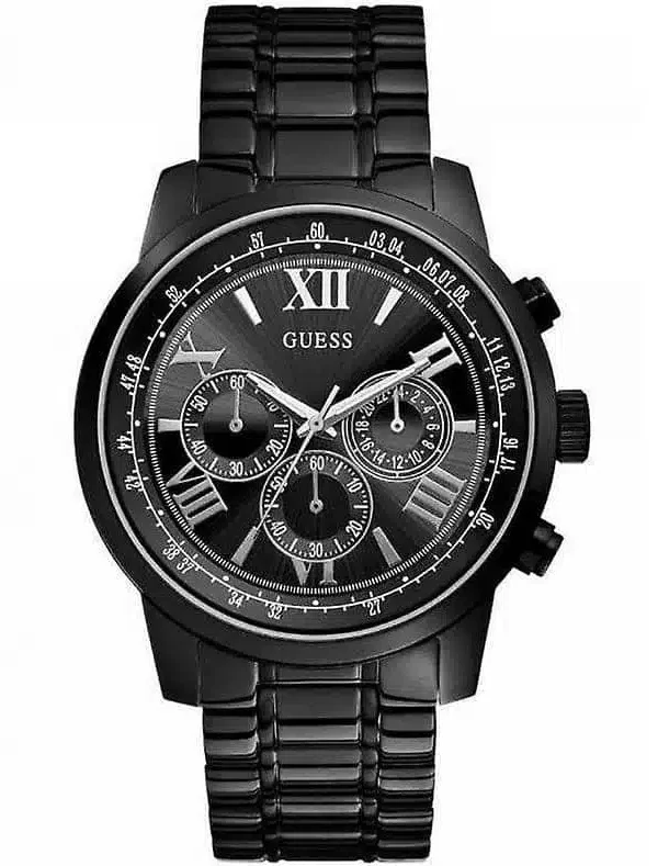 Montre homme Guess W0379G2 vue de face avec cadran noir, chiffres romains argentés et compteurs chronographe