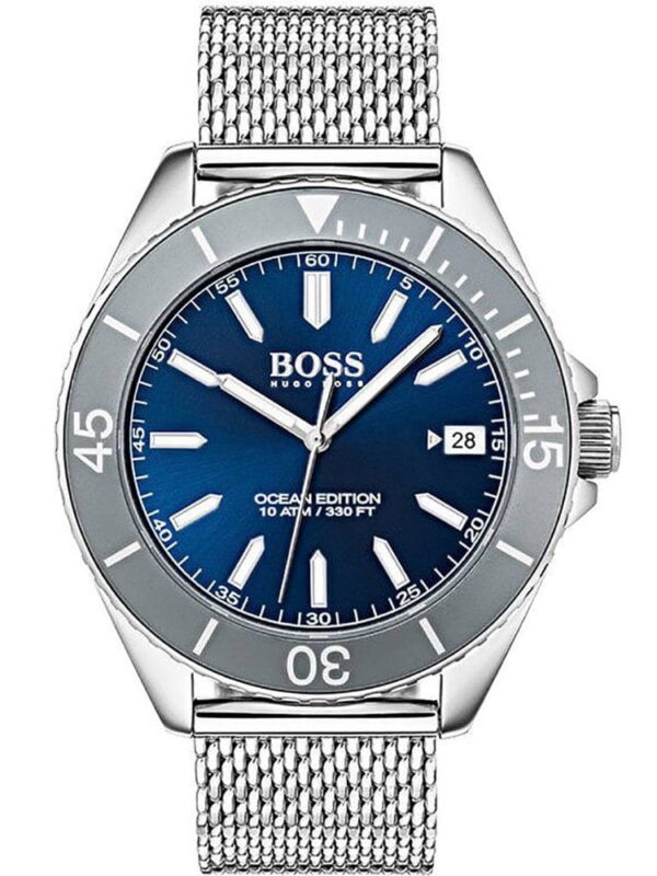 Montre homme Hugo Boss 1513561 Ocean Edition avec cadran bleu, lunette de plongée noire et bracelet en maille milanaise.