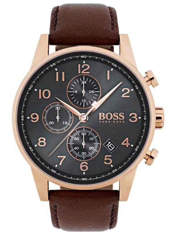 Montre Hugo Boss 1513496 avec boîtier or rose et bracelet cuir marron pour homme au Maroc.
