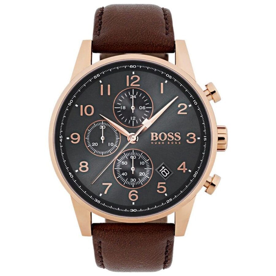 Montre Hugo Boss 1513496 avec boîtier or rose et bracelet cuir marron pour homme au Maroc.