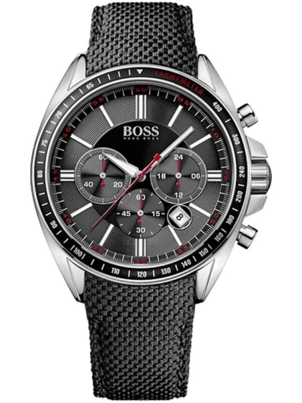 Montre Hugo Boss 1513087 avec cadran gris et bracelet en tissu noir pour homme au Maroc.