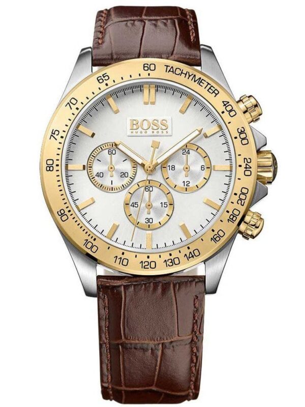 Montre Hugo Boss 1513174 avec cadran blanc et bracelet en cuir marron pour homme au Maroc.