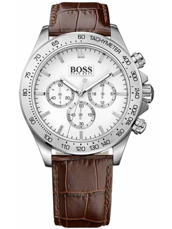 Montre Hugo Boss 1513175 avec cadran blanc et bracelet cuir marron pour homme au Maroc.