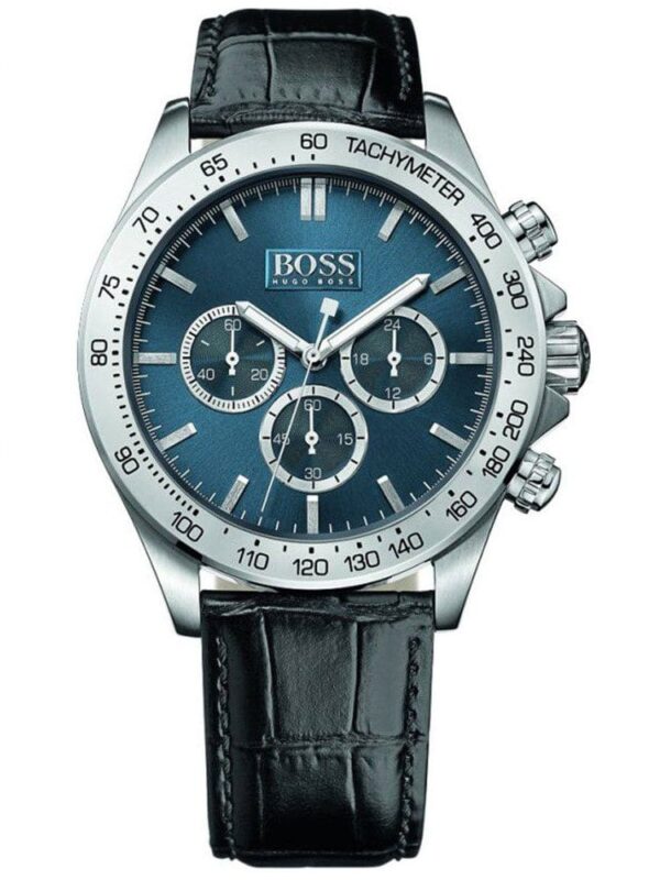 Montre Hugo Boss 1513176 avec cadran bleu et bracelet cuir noir pour homme au Maroc.