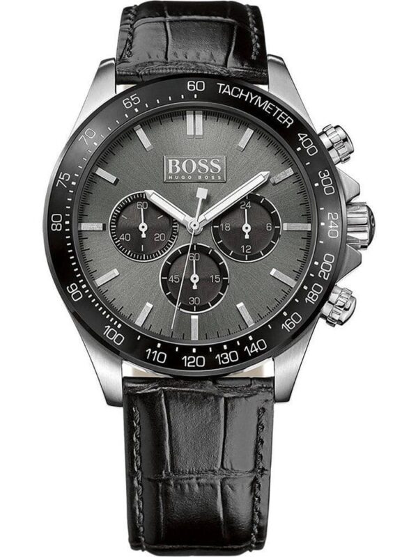 Montre Hugo Boss 1513177 avec cadran gris et bracelet cuir noir pour homme au Maroc.