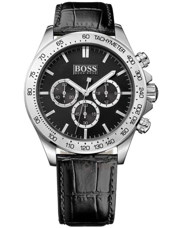 Montre Hugo Boss 1513178 avec cadran noir et bracelet cuir pour homme au Maroc.