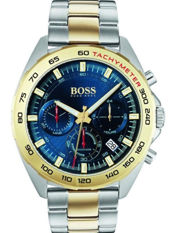 Montre Hugo Boss 1513667 avec cadran bleu et lunette dorée pour homme au Maroc.
