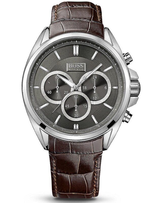 Montre Hugo Boss Driver 1513035 avec cadran gris et bracelet cuir marron pour homme au Maroc.